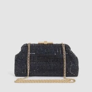 REISS Adaline Navy Black & Gold Crystal Rhinestone Clutch Shoulder Bag Purse